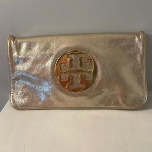 Well-Loved Vintage Tory Burch Reva Logo Clutch with Shoulder Strap-Metallic Gold